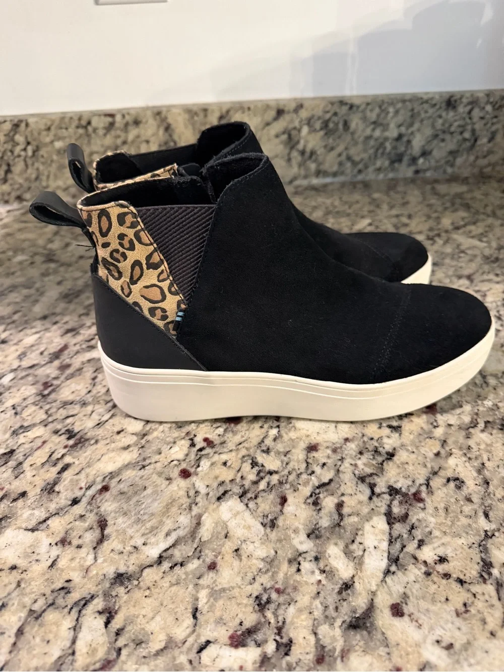 Toms Jamie Black Suede Ankle Booties with Leopard Heel Accent